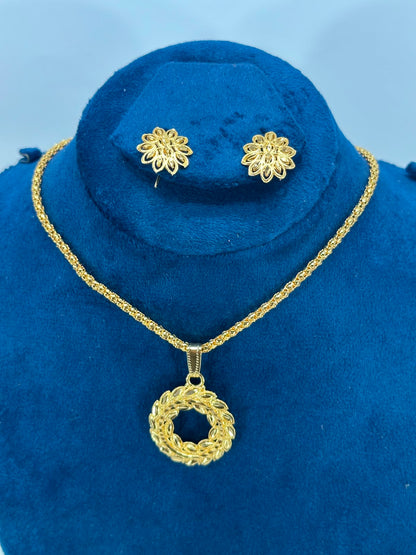 Elegant Gold-Plated Circular Pendant Necklace Set with Matching Stud Earrings for Women