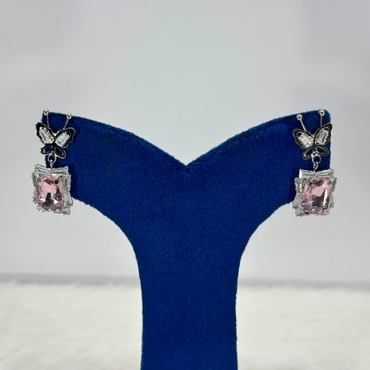 Luxury Butterfly Pink Crystal Drop Earrings for Women | Elegant Silver-Plated Jewelry