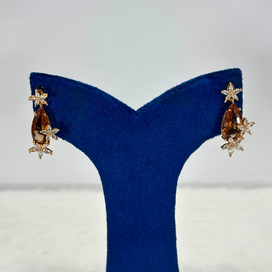 Luxury Champagne Crystal Floral Drop Earrings for Women | Gold-Plated Elegant Earrings