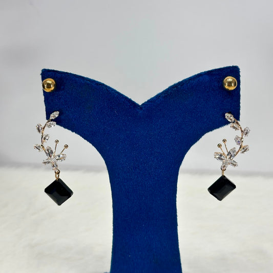 Luxury Black Crystal Floral Drop Earrings for Women | Gold-Plated Designer Earrings