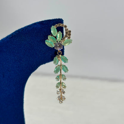Luxury Mint Green Leaf Crystal Drop Earrings for Women | Gold-Plated Designer Earrings