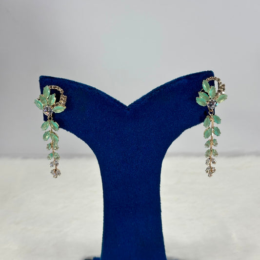Luxury Mint Green Leaf Crystal Drop Earrings for Women | Gold-Plated Designer Earrings