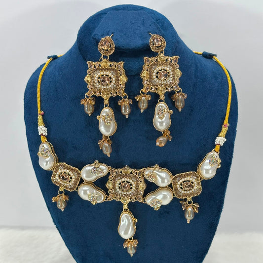 Luxury Antique Pearl Stone Choker Necklace Set for Women – Elegant Wedding & Party Jewelry