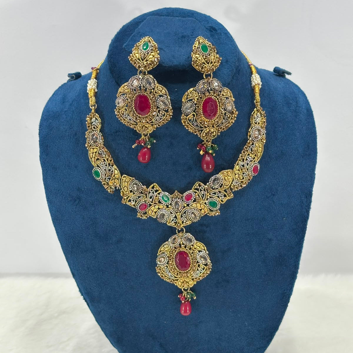 Luxury Antique Ruby & Emerald Bridal Necklace Set – Traditional Wedding Jewelry with Earrings