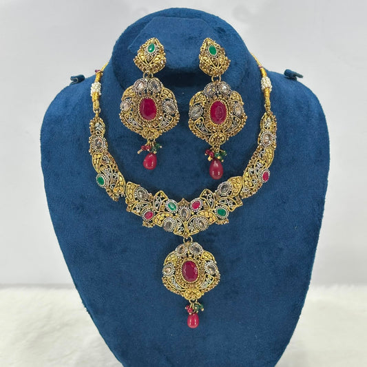 Luxury Antique Ruby & Emerald Bridal Necklace Set – Traditional Wedding Jewelry with Earrings