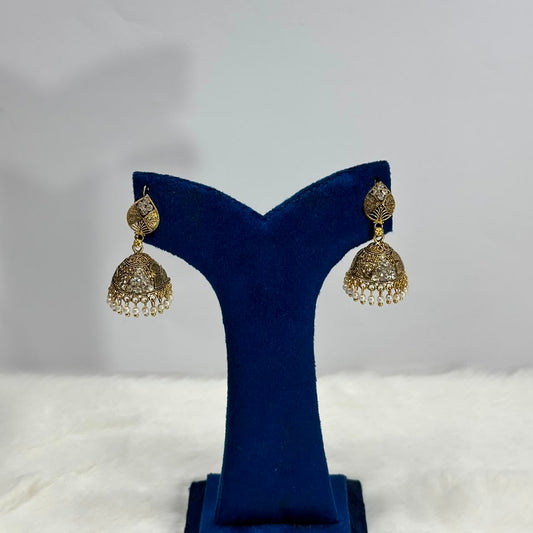 Antique Gold Jhumka Earrings with Pearl Drops – Traditional Ethnic Earrings for Women