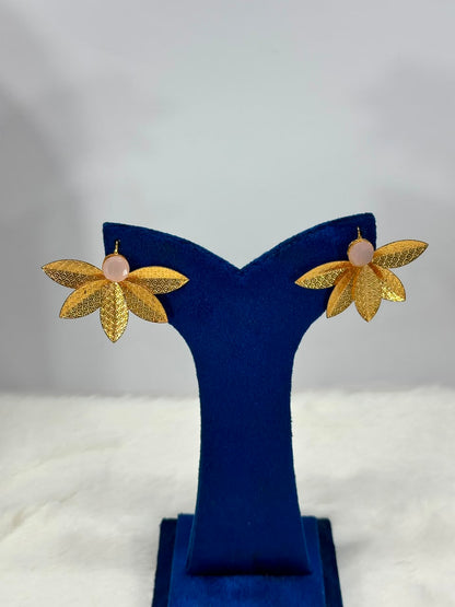 Luxury Floral Gold Statement Earrings – Pink Stone Designer Earrings for Women