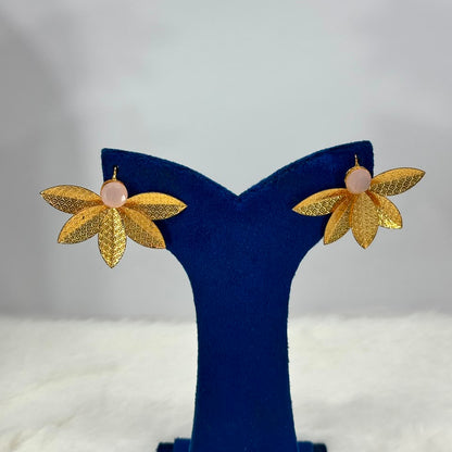 Luxury Floral Gold Statement Earrings – Pink Stone Designer Earrings for Women