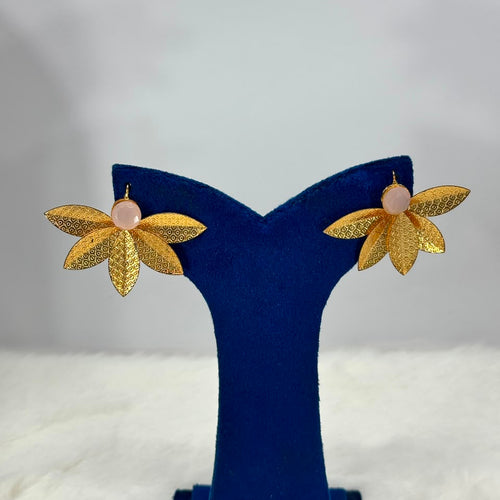 Luxury Floral Gold Statement Earrings – Pink Stone Designer Earrings for Women
