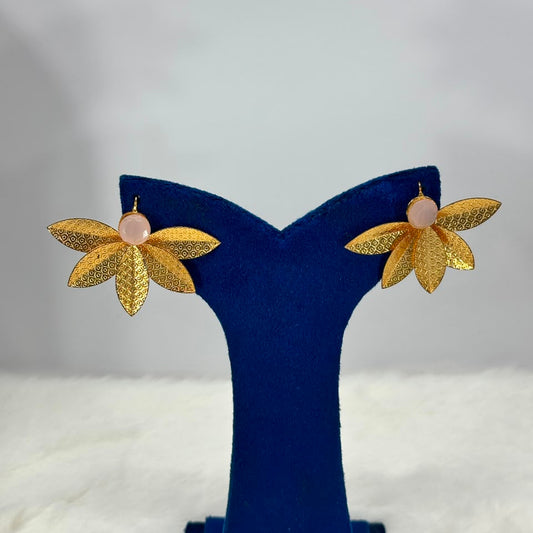 Luxury Floral Gold Statement Earrings – Pink Stone Designer Earrings for Women