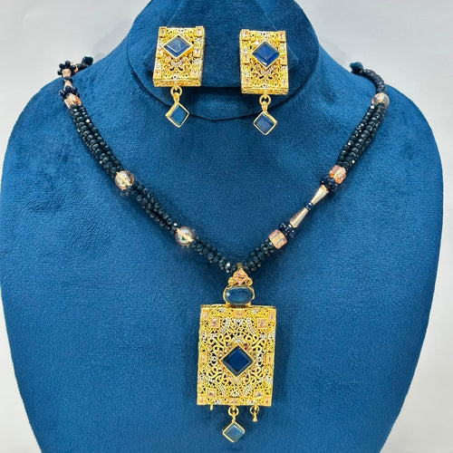 Luxury Black Beaded Pendant Necklace Set with Blue Stone – Designer Jewellery Set for Women