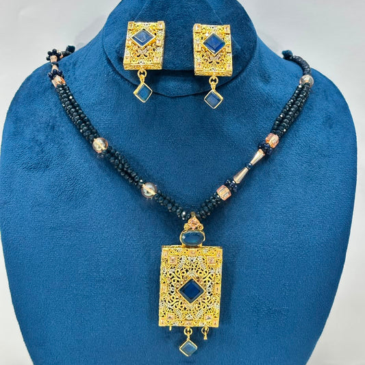 Luxury Black Beaded Pendant Necklace Set with Blue Stone – Designer Jewellery Set for Women