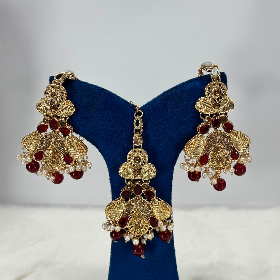 Luxury Maroon Stone & Pearl Jewellery Set – Designer Earrings with Maang Tikka for Women