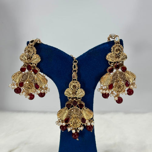Luxury Maroon Stone & Pearl Jewellery Set – Designer Earrings with Maang Tikka for Women