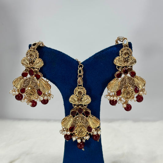 Luxury Maroon Stone & Pearl Jewellery Set – Designer Earrings with Maang Tikka for Women
