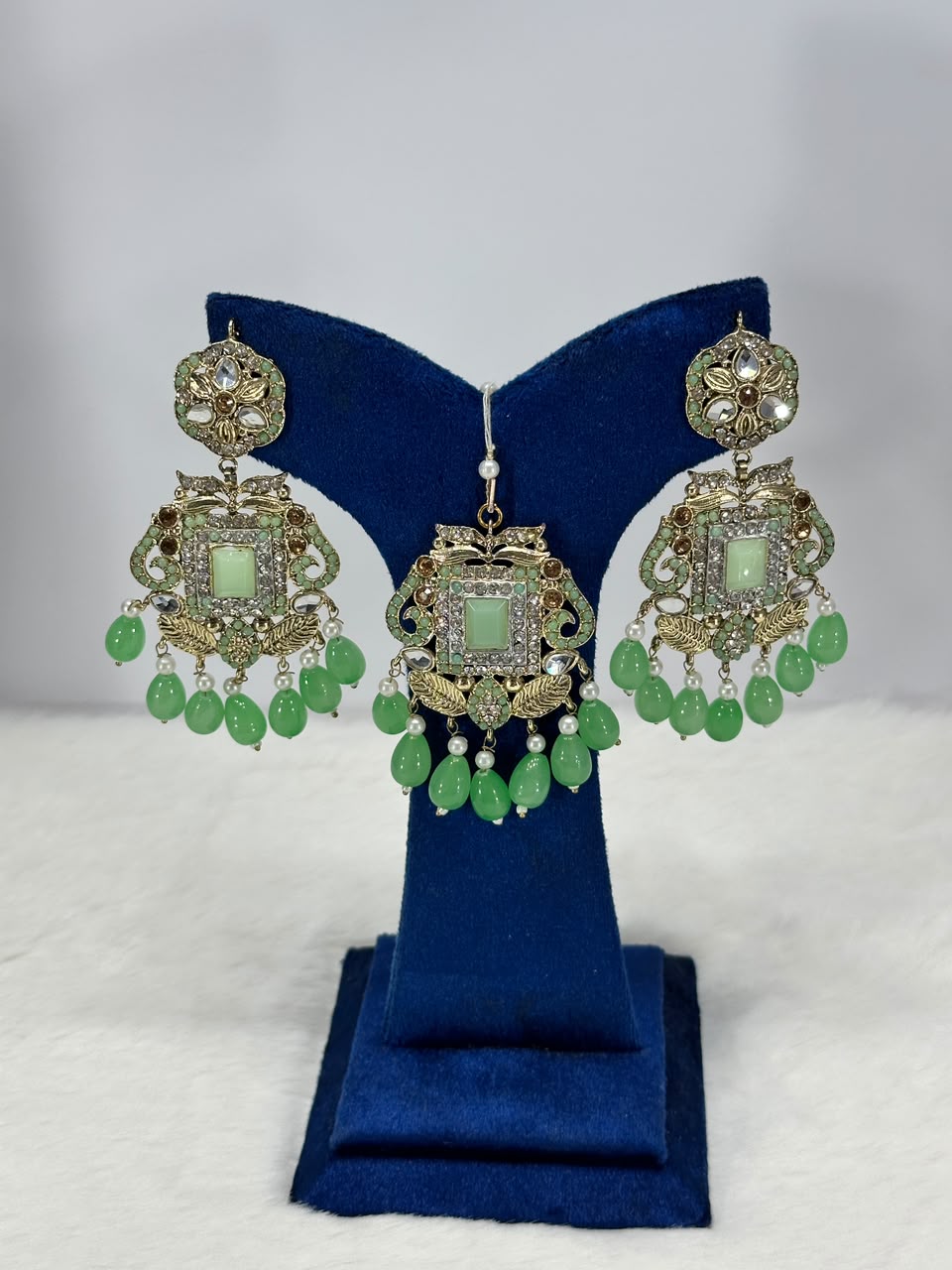 Luxury Mint Green Stone Jewellery Set – Designer Earrings & Maang Tikka for Women