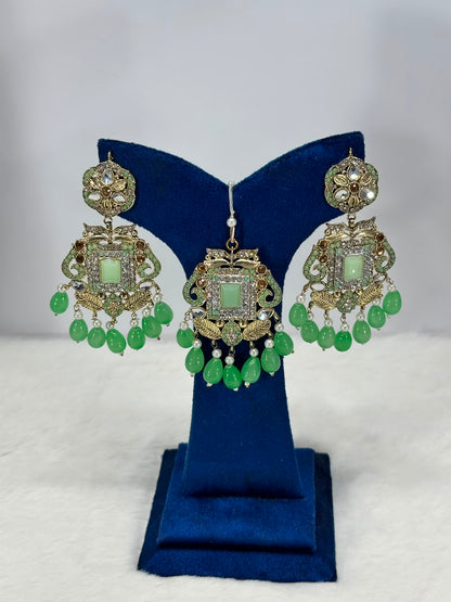 Luxury Mint Green Stone Jewellery Set – Designer Earrings & Maang Tikka for Women