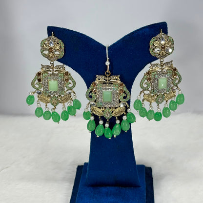 Luxury Mint Green Stone Jewellery Set – Designer Earrings & Maang Tikka for Women