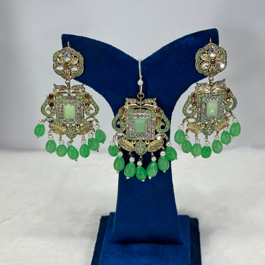 Luxury Mint Green Stone Jewellery Set – Designer Earrings & Maang Tikka for Women