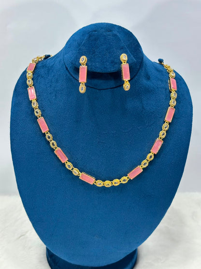 Luxury Pink Stone Necklace Set – Elegant Gold-Plated Jewellery Set for Women