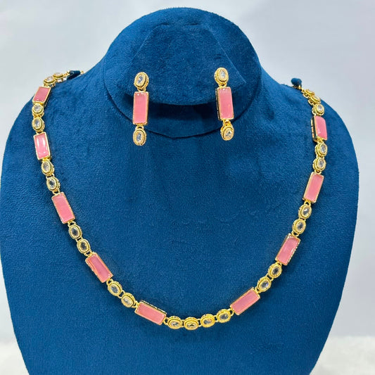 Luxury Pink Stone Necklace Set – Elegant Gold-Plated Jewellery Set for Women