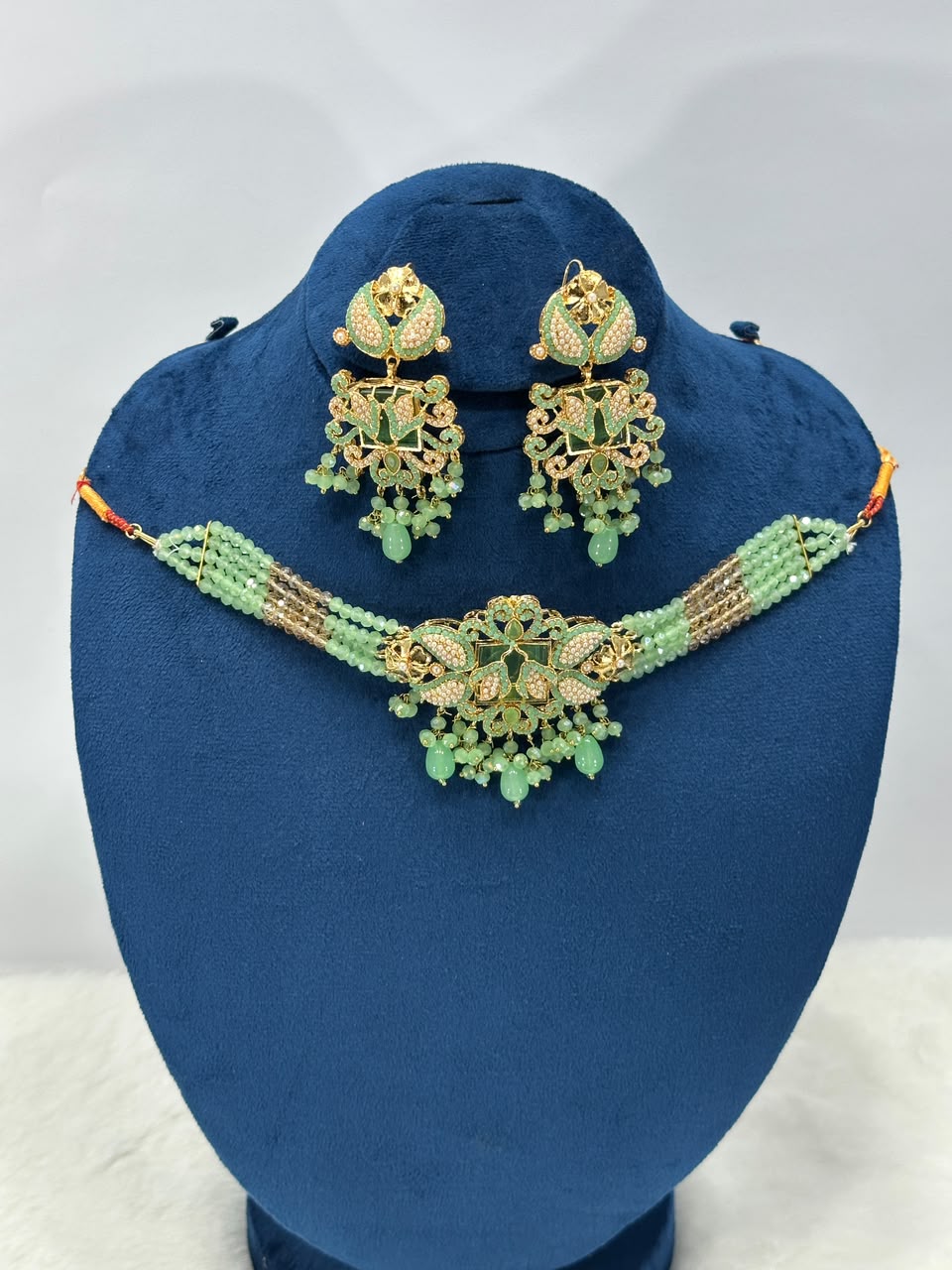 NooreZewar Mint Green Crystal Beaded Choker Necklace Set with Statement Earrings | Premium Bridal & Party Jewelry