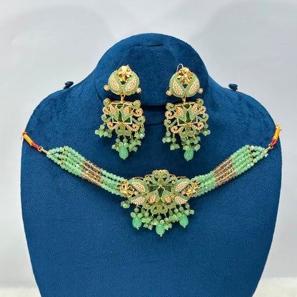 NooreZewar Mint Green Crystal Beaded Choker Necklace Set with Statement Earrings | Premium Bridal & Party Jewelry