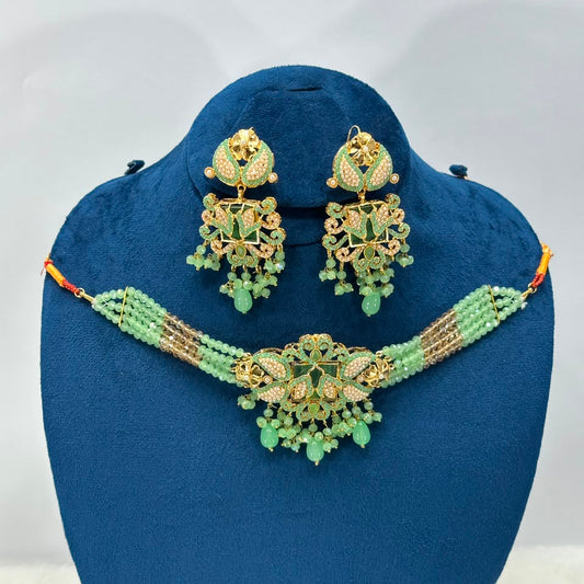 NooreZewar Mint Green Crystal Beaded Choker Necklace Set with Statement Earrings | Premium Bridal & Party Jewelry