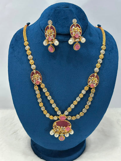 NooreZewar Maroon & Pink Double Layer Necklace Set with Pearl Earrings | Premium Bridal Jewelry