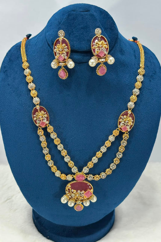 NooreZewar Maroon & Pink Double Layer Necklace Set with Pearl Earrings | Premium Bridal Jewelry