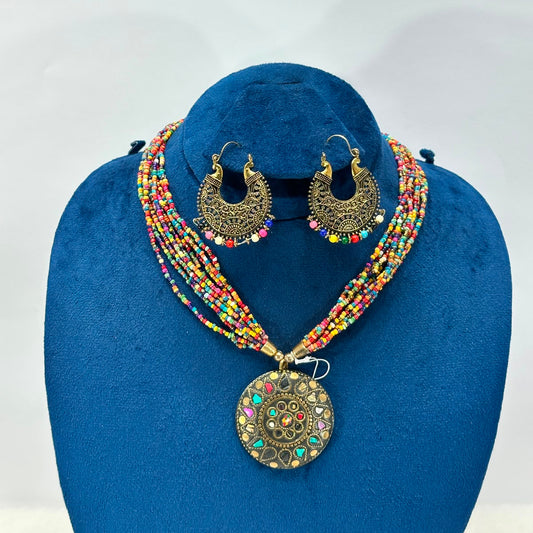 NooreZewar Multicolor Beaded Tribal Necklace Set with Boho Hoop Earrings | Vintage Ethnic Jewelry
