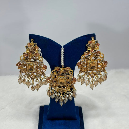 NooreZewar Champagne Crystal & Pearl Jewelry Set | Luxury Statement Earrings with Matching Tikka