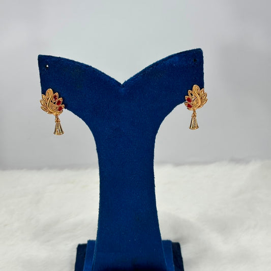 NooreZewar Gold Leaf Stud Earrings with Ruby Red Stones | Elegant Daily Wear Earrings