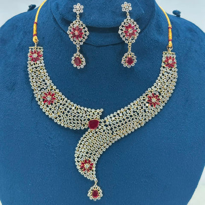 Luxury Ruby Red Zircon Bridal Necklace Set for Women | Gold Plated Wedding Jewelry with Earrings