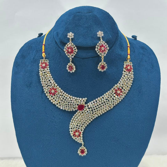 Luxury Ruby Red Zircon Bridal Necklace Set for Women | Gold Plated Wedding Jewelry with Earrings