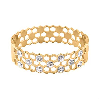 Luxury Honeycomb Crystal Gold Bangle – Stainless Steel Geometric Cuff Bracelet for Women