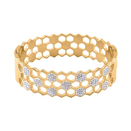 Luxury Honeycomb Crystal Gold Bangle – Stainless Steel Geometric Cuff Bracelet for Women