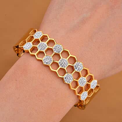 Luxury Honeycomb Crystal Gold Bangle – Stainless Steel Geometric Cuff Bracelet for Women