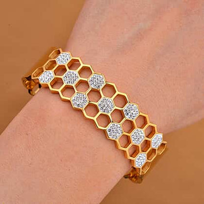 Luxury Honeycomb Crystal Gold Bangle – Stainless Steel Geometric Cuff Bracelet for Women