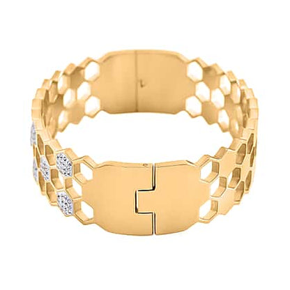 Luxury Honeycomb Crystal Gold Bangle – Stainless Steel Geometric Cuff Bracelet for Women