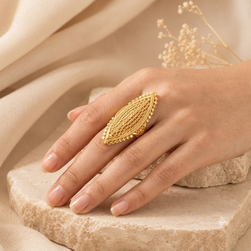 Luxury Marquise Gold Statement Ring – Stainless Steel Vintage Adjustable Ring for Women