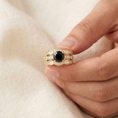 Luxury Black Onyx Statement Ring – Gold Plated Stainless Steel Crystal Ring for Women