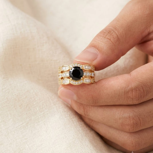 Luxury Black Onyx Statement Ring – Gold Plated Stainless Steel Crystal Ring for Women